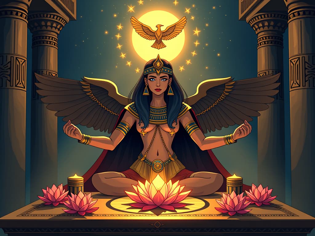  a sacred altar, with an offering of lotus flowers and ankh symbols, radiating love and purpose, aligning choices with the universe. the style is digital art illustration / modern comic book / mysterious occult, symbolic, esoteric vibe,high detail on character design, incorporating ancient egyptian symbology and attire.