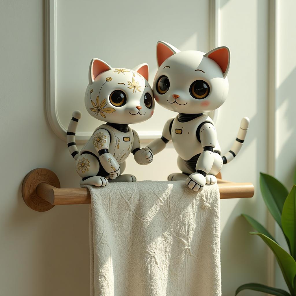  a whimsical scene featuring a robot cat playfully perched on a stylish, organic towel rack. the robot cat has smooth, rounded edges and is adorned with intricate, nature inspired patterns, blending seamlessly with the surrounding environment. the towel rack, crafted from sustainable materials, showcases an elegant design with flowing lines that evoke a sense of harmony. the setting is filled with soft, natural light, highlighting the textures and details of both the robot cat and the towel rack. the front view emphasizes the charming interaction between the two elements, creating a cohesive and imaginative visual narrative.