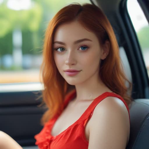 one beautiful young Red Head with big preety eyes sitting in one pose in the car, ((one with big beautiful red eyes sitting in one pose in the car)), ((in dress)), very skinny, 18 years old,((looking at viewer)), smile, (((big beautiful red eyes))), (close-up),, (((in simple clothes)))yoga sitting hyperrealistic, full body, detailed clothing, highly detailed, cinematic lighting, stunningly beautiful, intricate, sharp focus, f/1. 8, 85mm, (centered image composition), (professionally color graded), ((bright soft diffused light)), volumetric fog, trending on instagram, trending on tumblr, HDR 4K, 8K