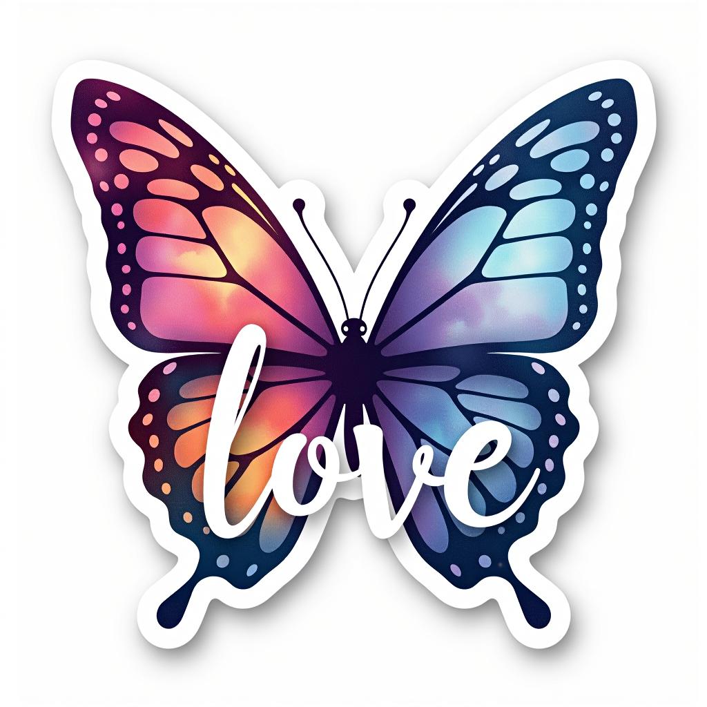  design a logo, custom sticker design on an isolated white background decorated by watercolor butterfly, with the text ‘love’