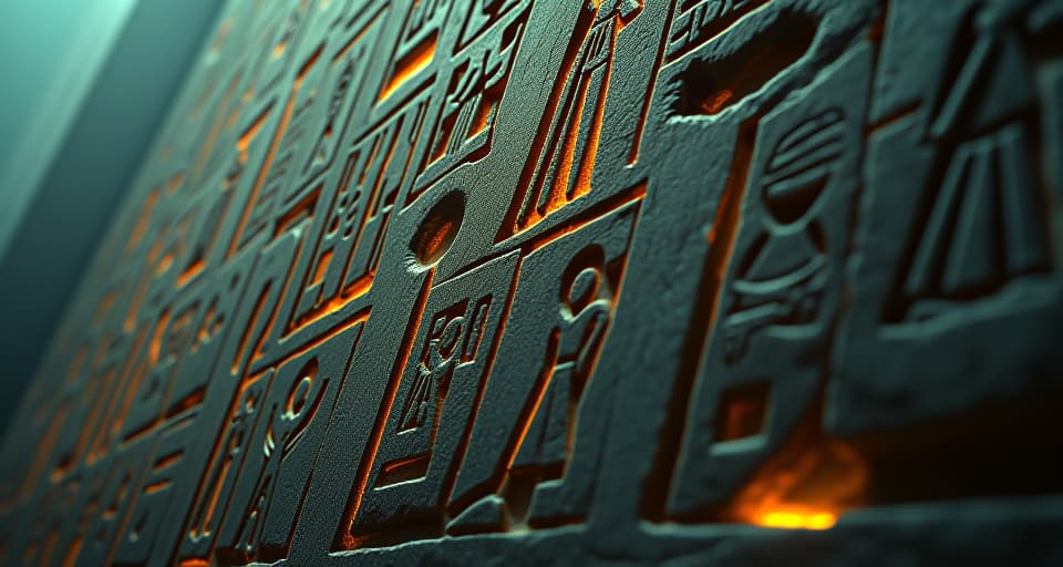  close up of ancient hieroglyphs carved into stone, glowing faintly, indicating the essence of extraordinary virtues transcending common traits or characteristics.. the style is digital art illustration / modern comic book / mysterious occult, symbolic, esoteric vibe,high detail on character design, incorporating ancient egyptian symbology and attire.