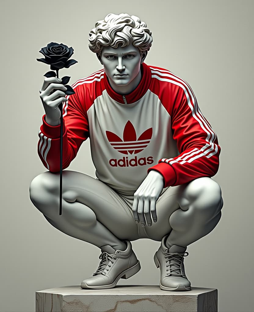  the cover of the comic book about a russian superhero named “blyatman” the statue of michelangelo's white david is dressed in an adidas tracksuit, red sleeves, the adidas logo in the middle of his chest. his bare hand holds a flower, a black rose, the other hand is lowered down. he's squatting on the ground. 4k image quality