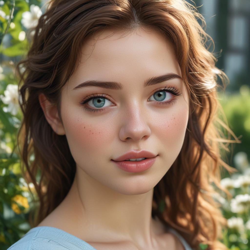 best quality,8K,highres,masterpiece, ultra detailed, cute, , russian, , Feeling happy, slight smile, Wearing a light blue tight fitting top, beautiful detailed eyes:1.1, beautiful detailed lips:1.1, extremely detailed eyes and face:1.1, long eyelashes:1.1, soft curly brown hair, pointed nose, rosy cheeks:1.1, flawless porcelain skin:1.1, sparkling eyes:1.1, slim figure:1.1, standing in a blooming garden, holding a bouquet of colorful flowers, erflies fluttering around:1.1, sunlight filtering through the leaves:1.1, soft spring breeze:1.1, green gr and vint flowers:1.1, with a charming background of a wooden white fence and blue sky hyperrealistic, full body, detailed clothing, highly detailed, cinematic lighting, stunningly beautiful, intricate, sharp focus, f/1. 8, 85mm, (centered image composition), (professionally color graded), ((bright soft diffused light)), volumetric fog, trending on instagram, trending on tumblr, HDR 4K, 8K