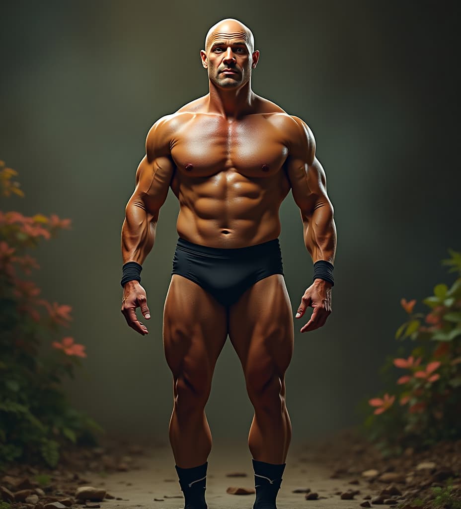  realistic photo of the muscular bald man 50 years with huge pecs, tight , dressed in tights plants short wrestling with a skinny twenty 