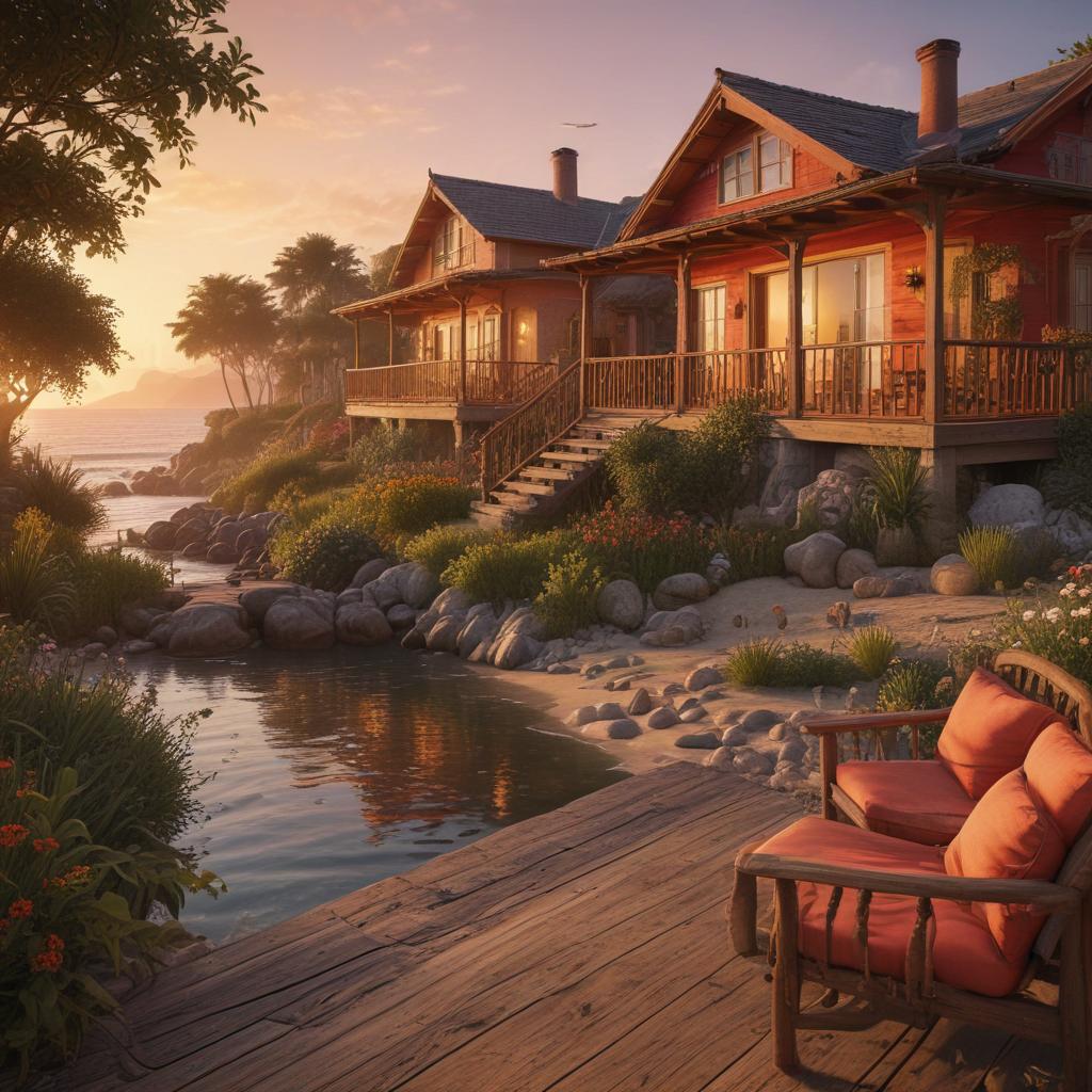 ((masterpiece)),(((best quality))), 8k, high detailed, ultra detailed,A seaside charity house with a stunning view of the ocean, residents enjoying outdoor activities,((vibrant community atmosphere)),children playing in the garden, (rustic wooden furniture), (crimson sunset casting warm hues) hyperrealistic, full body, detailed clothing, highly detailed, cinematic lighting, stunningly beautiful, intricate, sharp focus, f/1. 8, 85mm, (centered image composition), (professionally color graded), ((bright soft diffused light)), volumetric fog, trending on instagram, trending on tumblr, HDR 4K, 8K