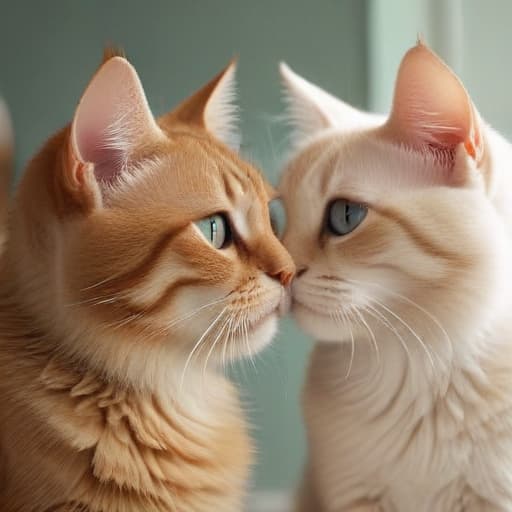 Generate animation images, Make an image where one cat say abaut his love to another cat. Cats should be realistic and cute. This image should serve as a postcard to my young man.