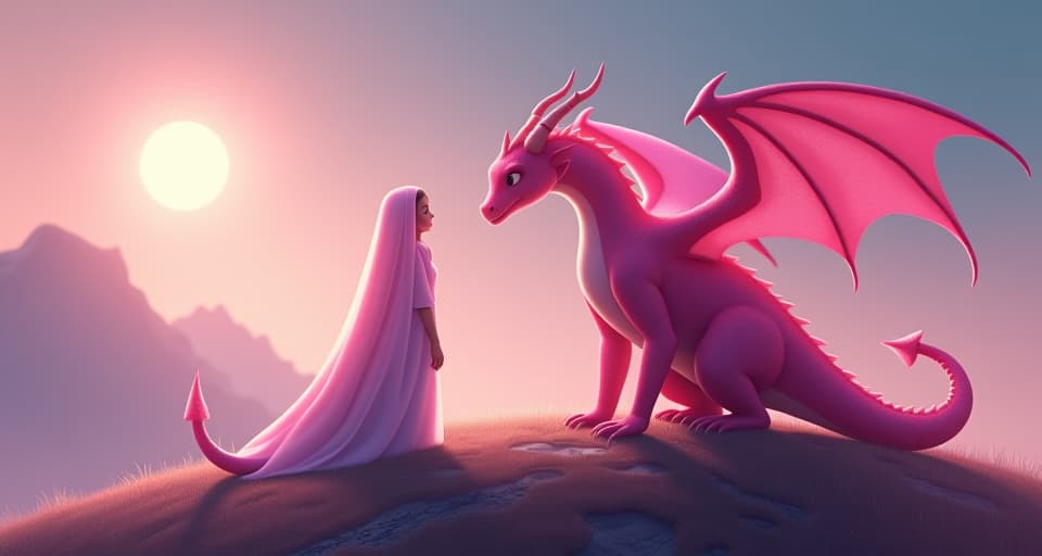  the pink dragon and chosen one standing together on an illuminated hilltop, gazing at an ethereal landscape, sharing a moment of understanding and balance, soft glow in the background. the style is digital art illustration,highly detailed, whimsical,magical, dreamlike atmosphere, realism and fantasy blend, smooth, glossy textures,luminous quality, wonder and enchantment.