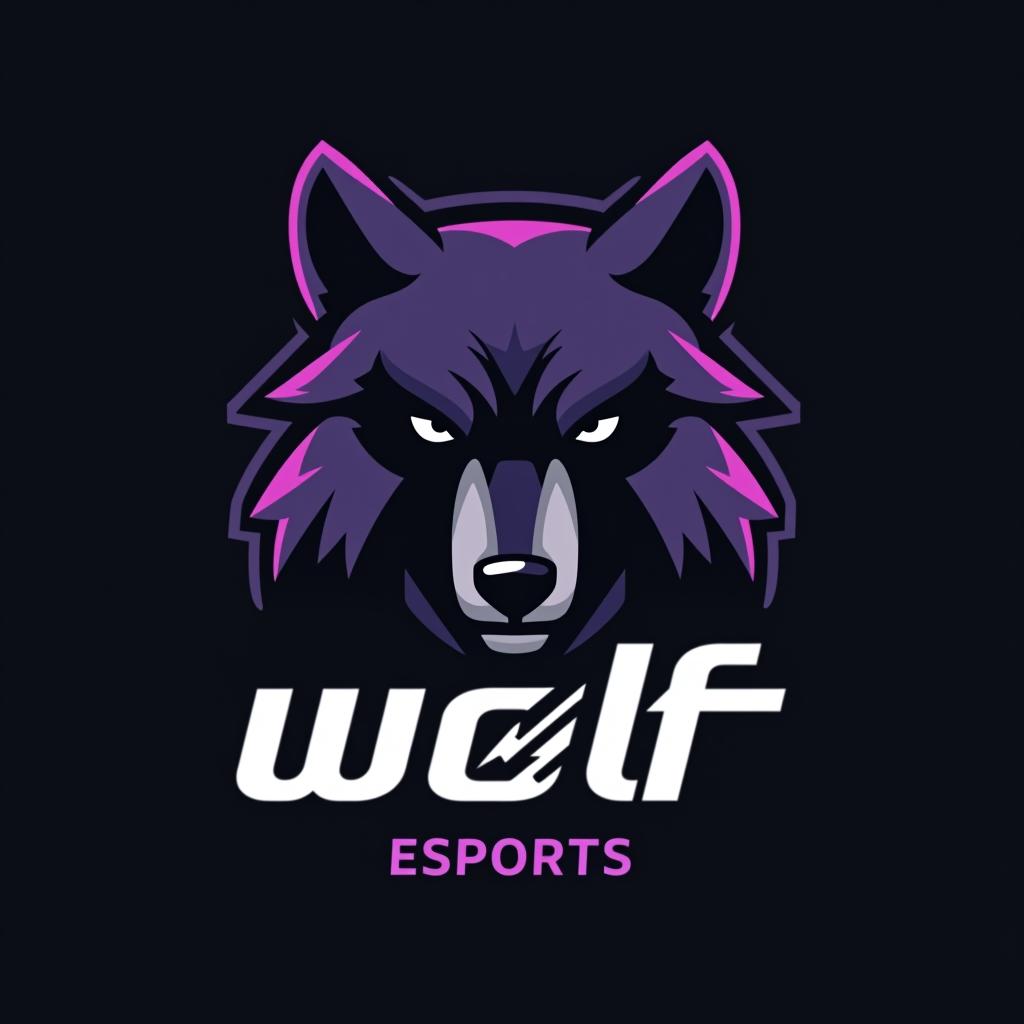  design a logo, esports logo, wütender bär, schwarz und lila farbe, with the text 'wolf esports'.