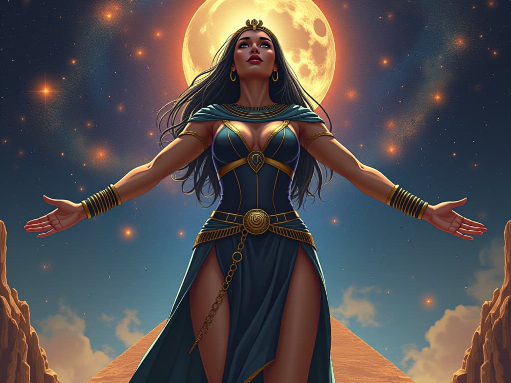  a cosmic vista, galaxies swirling, a large busted female figure in form fitting attire, standing with arms wide open, embodying limitless potential and exploration. the style is digital art illustration / modern comic book / mysterious occult, symbolic, esoteric vibe,high detail on character design, incorporating ancient egyptian symbology and attire.