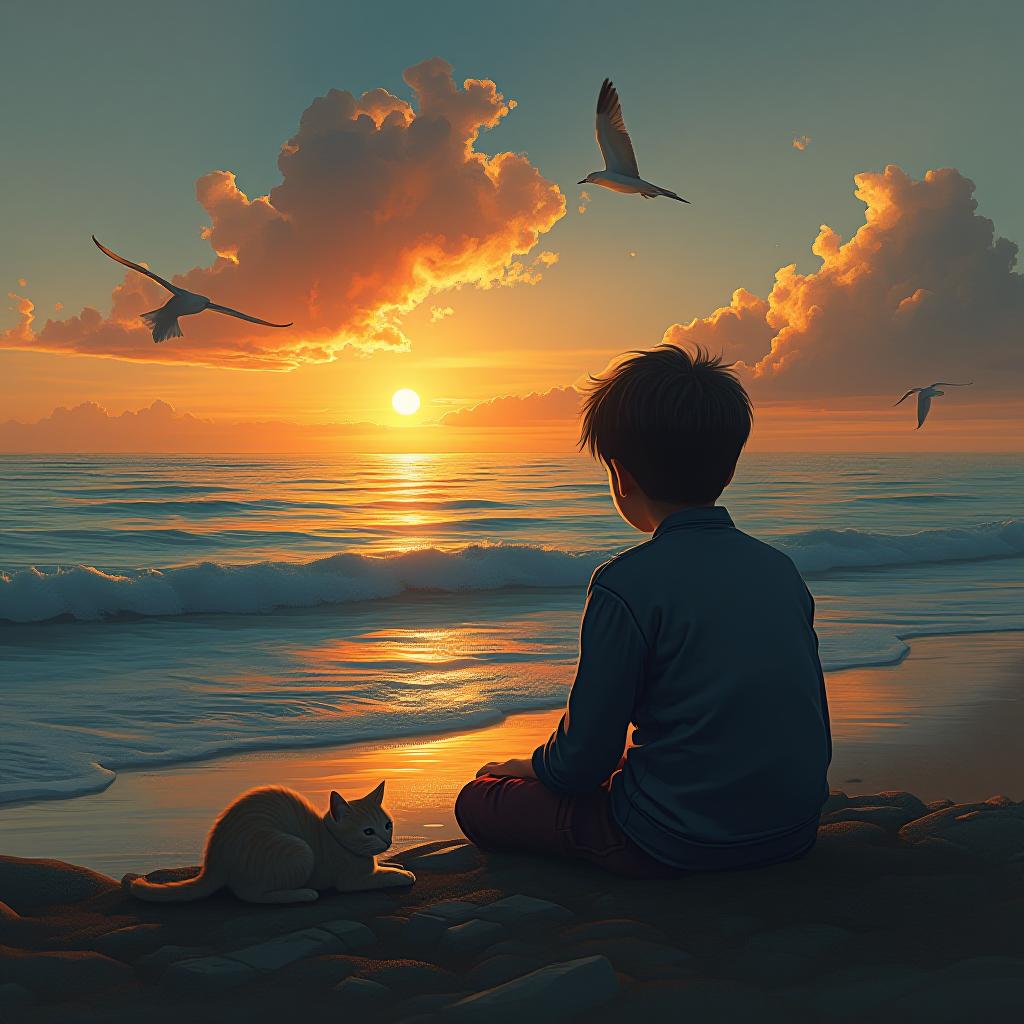  a boy sits at the seaside with some sadness, looking west to the sunset, with a little cat lying next to him, and there's a fire cloud in the far sky, and a few gulls flying in the air, award winning, professional, highly detailed, masterpiece