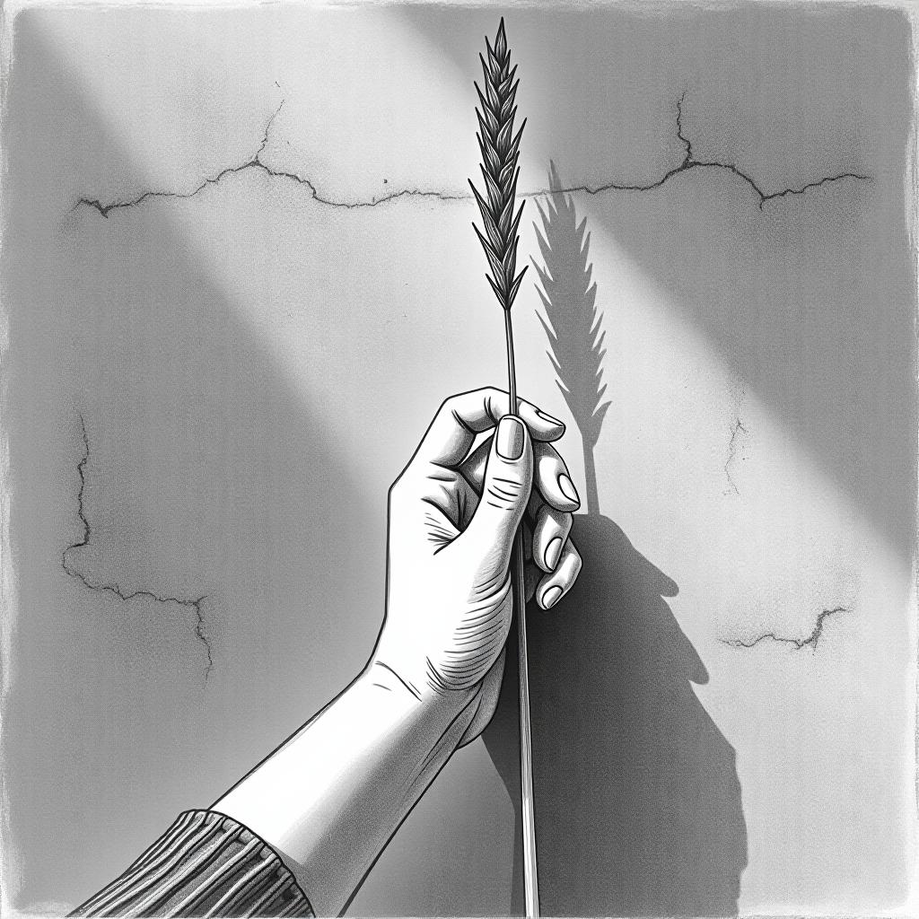  a woman's hand is holding a dry blade of grass against a gray stone wall. the ear of grass sticks up above the thumb, while the other end is visible at the bottom of the fist. light falls on the woman's hand, but the source of the light is not visible. the style is graphic, resembling a pencil drawing.