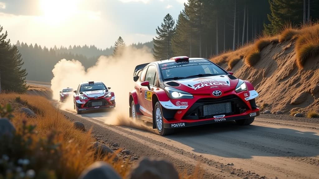  prompt: create a dynamic image capturing the intense final stage of wrc rally poland 2024. show toyota driver kalle rovanperä leading the field, closely pursued by andreas mikkelsen and elfyn evans. highlight the tension and excitement of the close battle for victory. include brand logos for toyota, showcasing the rally cars in action. incorporate elements like winding rally tracks, diverse terrain, and a dramatic sky to enhance the emotional impact. ensure anatomical accuracy of the cars and d