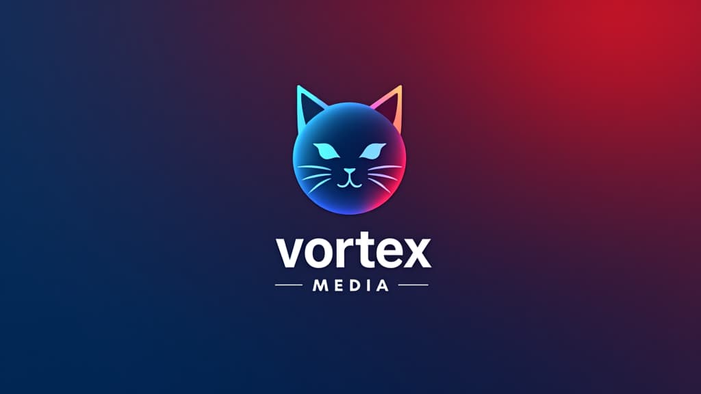  design a logo, minimalistic logo of a cat, blue and red background, with the text 'vortex media'.