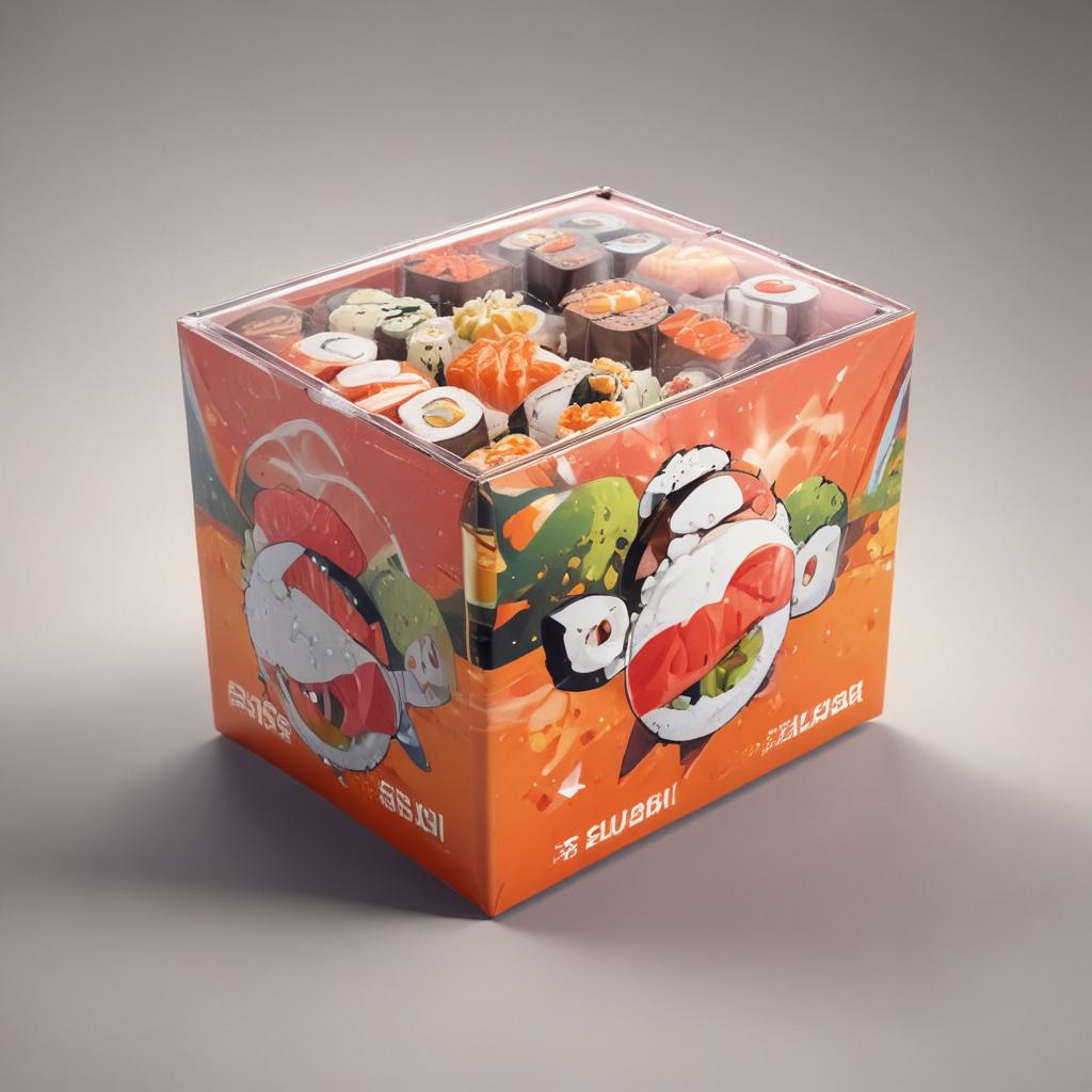 distance-shot, flashy, full-body, dynamic, holographic, animated cartoon poster of a take-out box of sushi in the style of dragon ball super