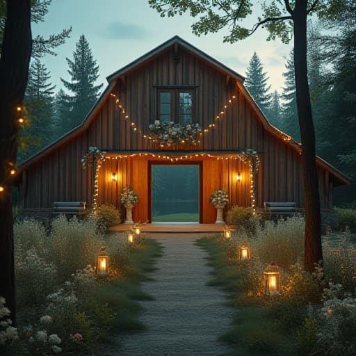  create an image with the following specifications: main subject: description: a rustic wooden barn with large open doors, decorated with white fairy lights and floral arrangements. style: rustic elegance. setting: location: scenic countryside near tampere, surrounded by lush forest and a small lake. composition: framing: wide angle shot capturing the barn's exterior and its natural surroundings. style: art movement: contemporary realism. technique: high dynamic range photography. atmosphere: mood: romantic, serene, and inviting. color palette: dominant colors: warm wood tones, soft whites, forest greens, sky blues. mood: natural and harmonious. details: foreground: a winding path leading to the barn, lined with lanterns and wildflowe hyperrealistic, full body, detailed clothing, highly detailed, cinematic lighting, stunningly beautiful, intricate, sharp focus, f/1. 8, 85mm, (centered image composition), (professionally color graded), ((bright soft diffused light)), volumetric fog, trending on instagram, trending on tumblr, HDR 4K, 8K