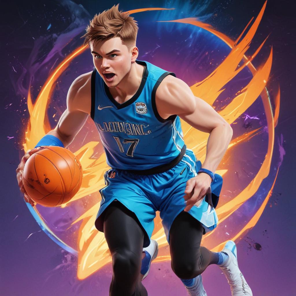 distance-shot, flashy, full-body, dynamic, holographic, animated cartoon poster of luka doncic in the style of dragon ball super