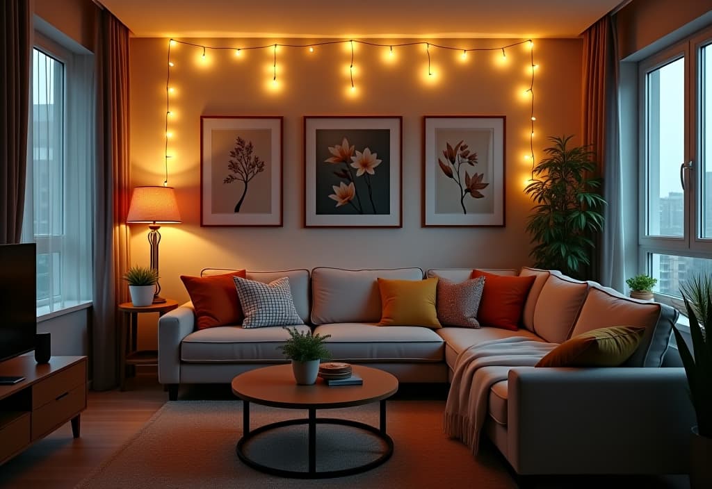  a landscape photo of a cozy apartment living room with diy wall art, string lights, and colorful throw pillows, showcasing budget friendly decor ideas hyperrealistic, full body, detailed clothing, highly detailed, cinematic lighting, stunningly beautiful, intricate, sharp focus, f/1. 8, 85mm, (centered image composition), (professionally color graded), ((bright soft diffused light)), volumetric fog, trending on instagram, trending on tumblr, HDR 4K, 8K