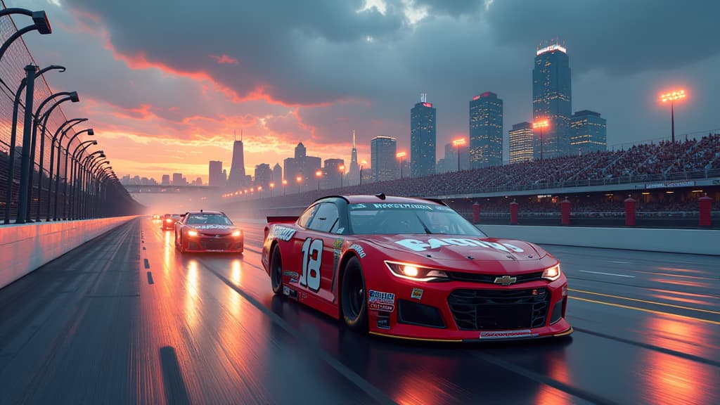  create an ultra realistic image capturing the thrilling nascar race in chicago, showcasing alex bowman's triumphant victory at grant park 165. include iconic nascar cars, the city skyline in the background, and a dramatic sky reflecting the challenging weather conditions. highlight key moments like ty gibbs leading early on and shane van gisbergen's fierce battles. illustrate alex bowman's determination as he crosses the finish line, securing his playoff ticket. incorporate the logos of nascar,