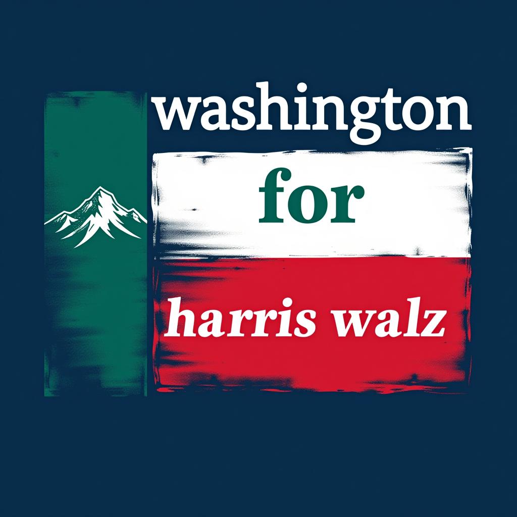  a tshirt design inspired by the washington state flag. the left side features a green vertical stripe with a large mountain in the center. the right side is divided into two horizontal sections: the top section is white with the text 'washington for' in bold, green, uppercase letters, and the bottom section is red with the text 'harris walz' in bold, white, uppercase letters. the overall layout is clean and straightforward, with a clear and patriotic color scheme of blue, white, and red.