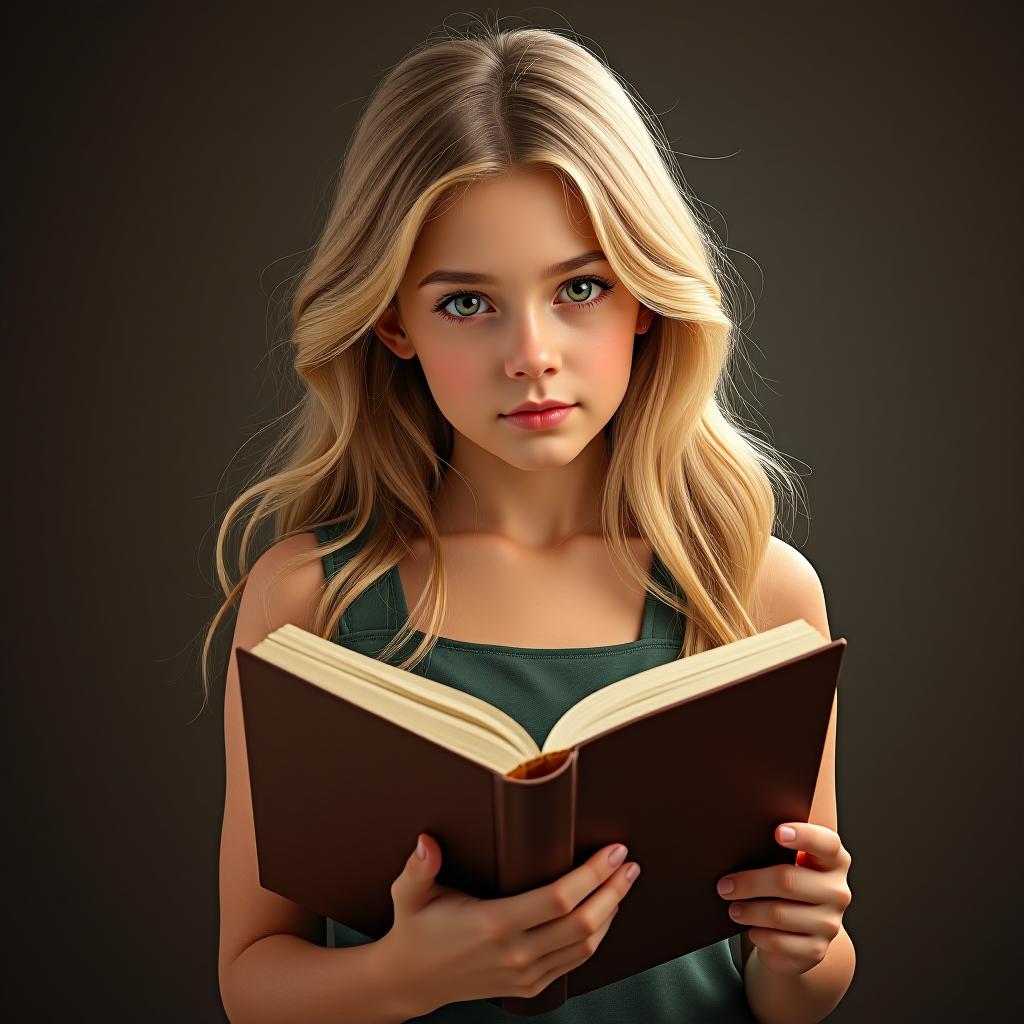  a blonde girl with a book.