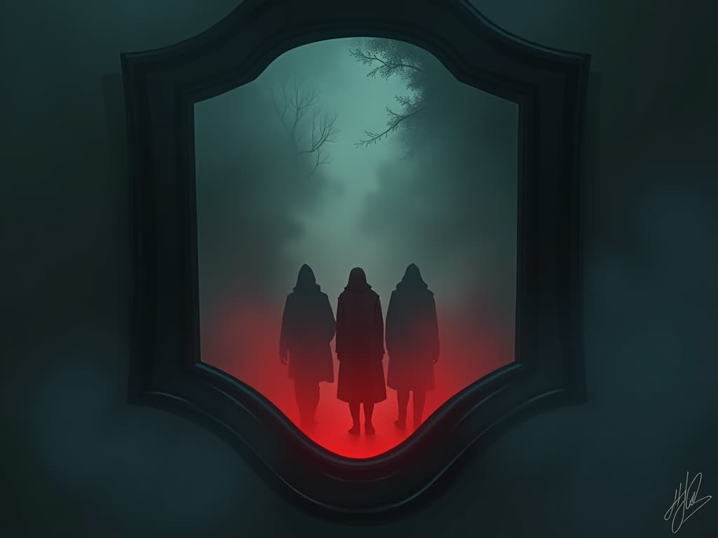  clouded mirror showing a foggy nostalgic scene, dim figures laughing, an air of reminiscence. the style is digital art illustration / modern comic book / graphic dark novel fantasy and mysterious occult, symbolic, moody lighting, esoteric vibe,high detail on character design. for the color scheme emphasize blacks and reds.