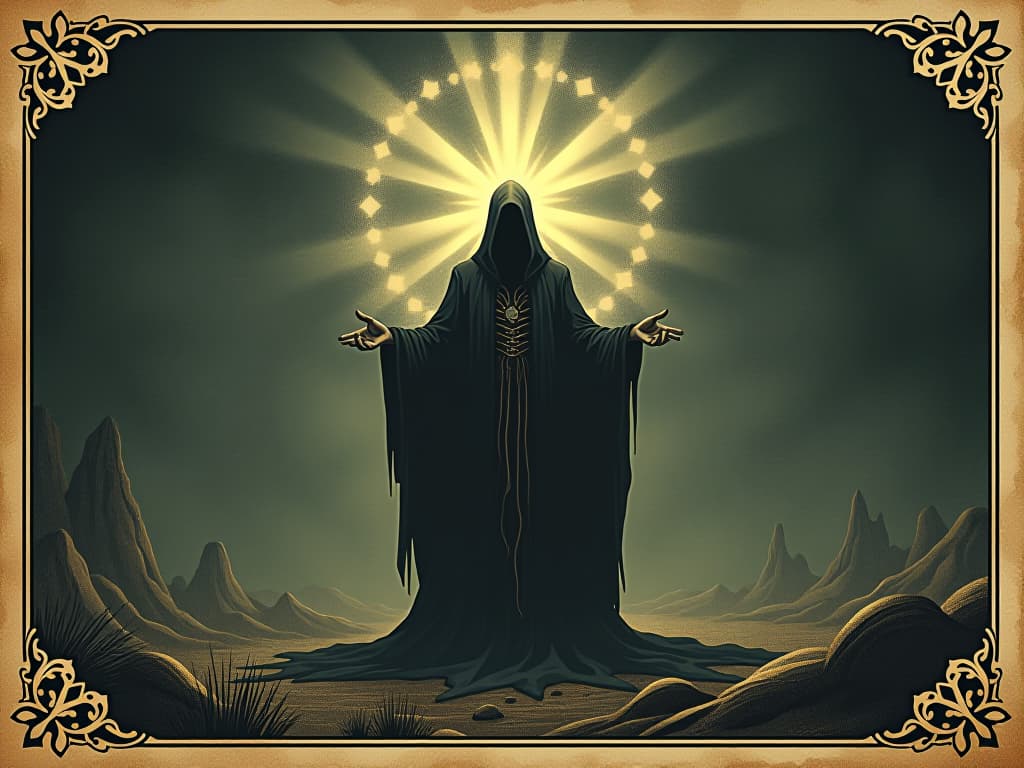  solemn figure, radiant yet isolated, surrounded by an invisible yet perceptible barrier, contrasting light and shadow, solitary grandeur. an illustration in the style of a worn, mystical old tarot trump card, mysterious and elements of surrealism. the colors are muted, somber and eerie, but with contrast bring out an occult and esoteric vibe.