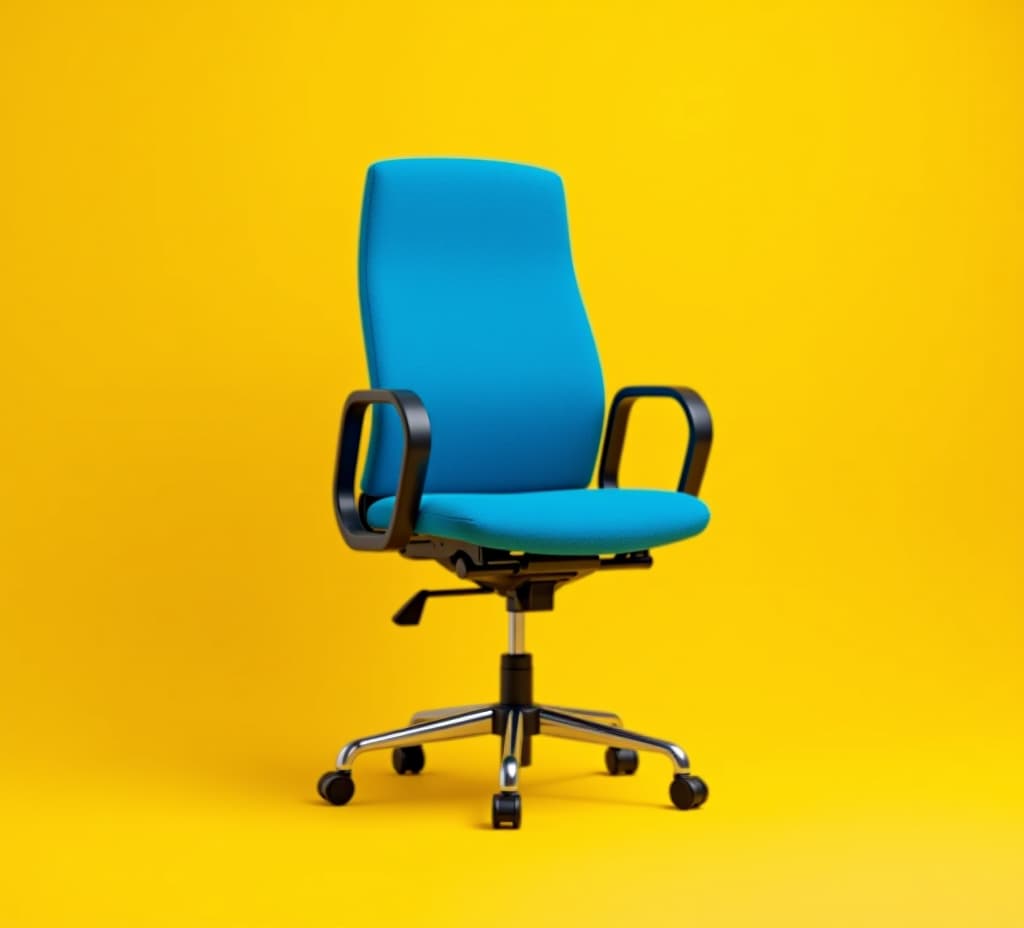  an empty blue office chair against a bright yellow background. job opportunity and recruitment