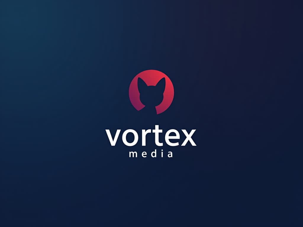  design a logo, minimalistic logo of a cat, blue and red background, with the text 'vortex media'.