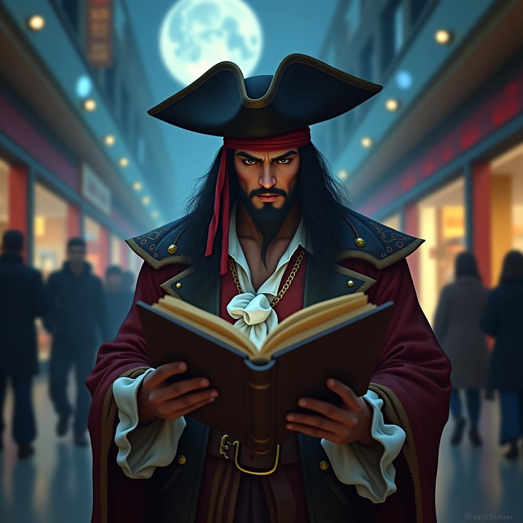  a pirate reading a book, digital illustration, at the mall, moonlight, hdr 4k hyperrealistic, full body, detailed clothing, highly detailed, cinematic lighting, stunningly beautiful, intricate, sharp focus, f/1. 8, 85mm, (centered image composition), (professionally color graded), ((bright soft diffused light)), volumetric fog, trending on instagram, trending on tumblr, HDR 4K, 8K