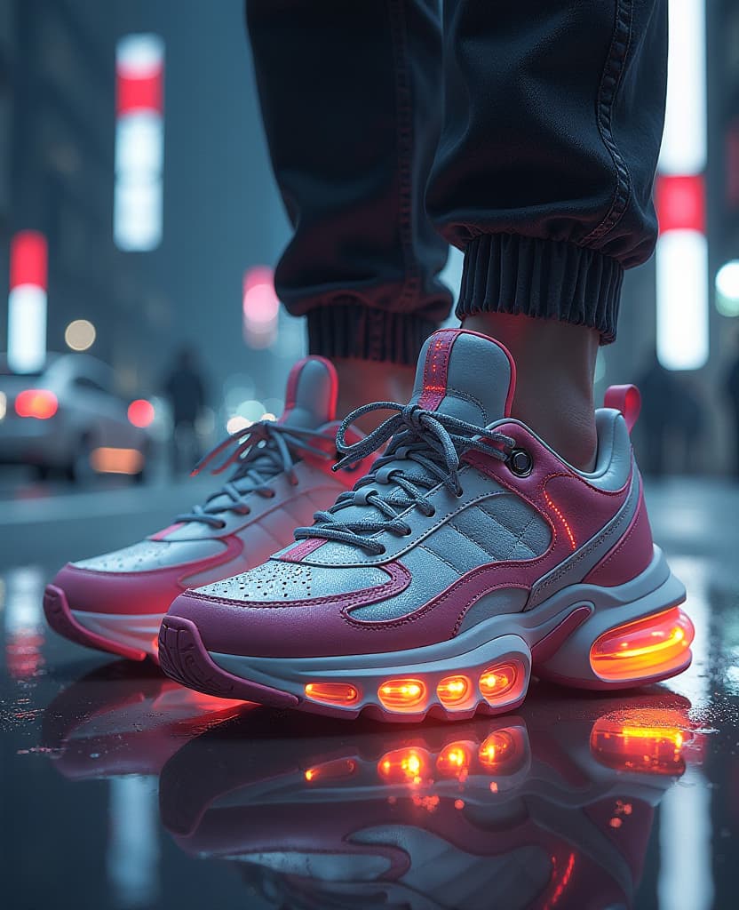  concept art fashion sneakers of the future, shock absorbers on the sole, mechanical parts, cyberpunk, backlight. . digital artwork, illustrative, painterly, matte painting, highly detailed