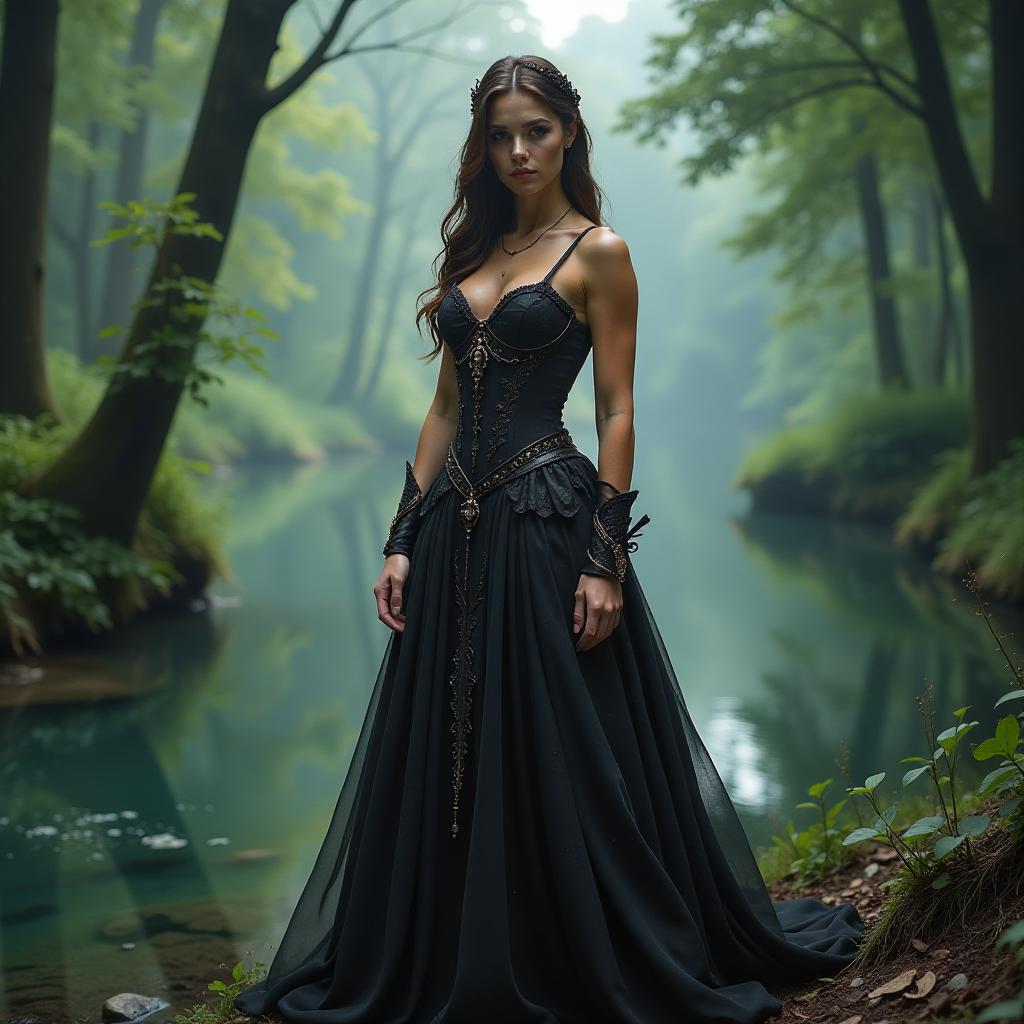  gothic style beautiful muscular girl bodybuilder in a beautiful fantasy dress stands near a beautiful river in the forest, the photo is realistic, natural, professional, super high quality, cinematic, fiction, fantasy . dark, mysterious, haunting, dramatic, ornate, detailed