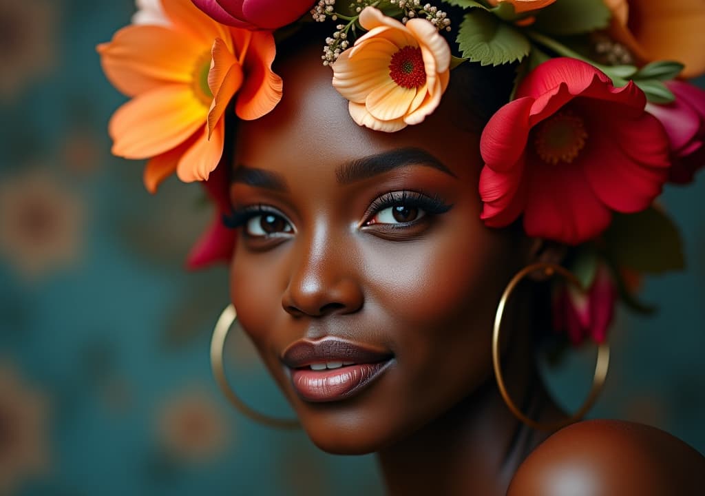  vibrant portrait of a black woman with floral headpiece