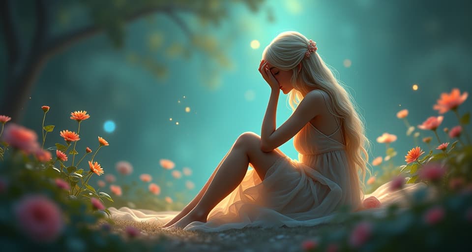  an ethereal figure seated in a tranquil enchanted garden. a gentle aura of introspection surrounds them, illuminated by soft celestial lights. background filled with delicate flowers, serene atmosphere, internal reflection.. the style is digital art illustration,highly detailed, whimsical,magical, dreamlike atmosphere, realism and fantasy blend, smooth, glossy textures,luminous quality, wonder and enchantment.