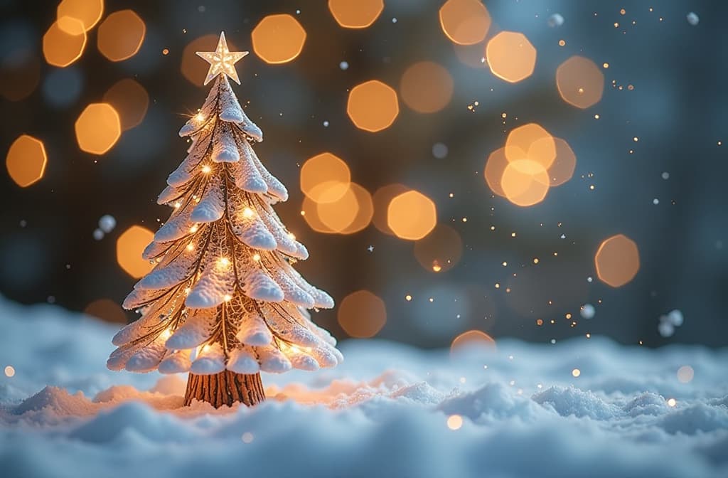  transparent glass christmas tree on snow, festive golden bokeh background ar 3:2 {prompt}, maximum details