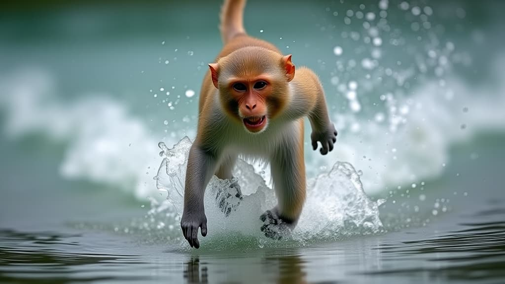  vigorous monkey runs through crystal clear water, splashing droplets everywhere, showcasing its agility and freedom in a dynamic, energetic, and thrilling wildlife action scene.