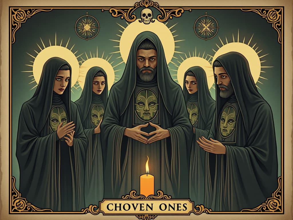  group known as the chosen ones, radiant auras, mystical symbols around them, ancient setting, understanding eyes, knowing expressions. an illustration in the style of a worn, mystical old tarot trump card, mysterious and elements of surrealism. the colors are muted, somber and eerie, but with contrast bring out an occult and esoteric vibe.