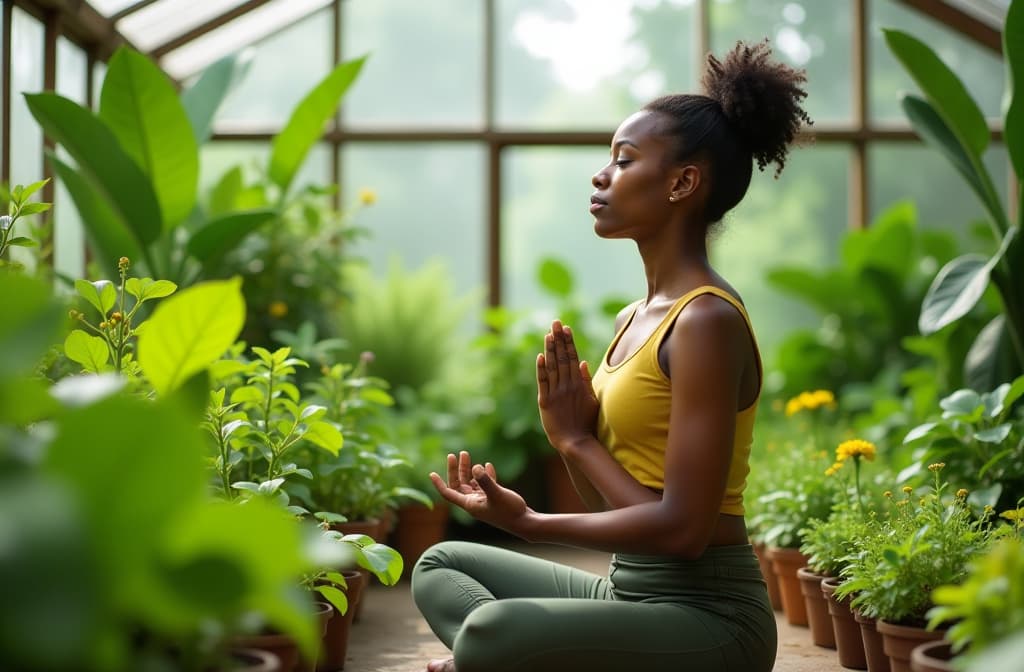  balance, breathing and young woman by plants for zen meditation in a greenery nursery. breathe, gratitude and young african female person with a relaxing peace mindset by an indoor greenhouse garden. ar 3:2 {prompt}, maximum details