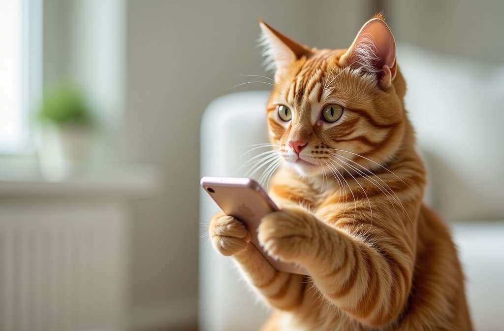  2/3 free space left, right close up fluffy ginger cat holds smartphone in paws, blurred background of white modern room ar 3:2 {prompt}, maximum details