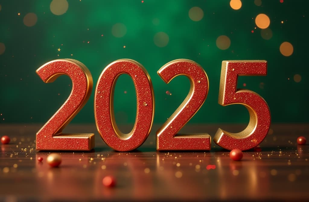  professional detailed photography, ((2025 digits)) red and gold, new year, green background , (muted colors, dim colors, soothing tones), (vsco:0.3)