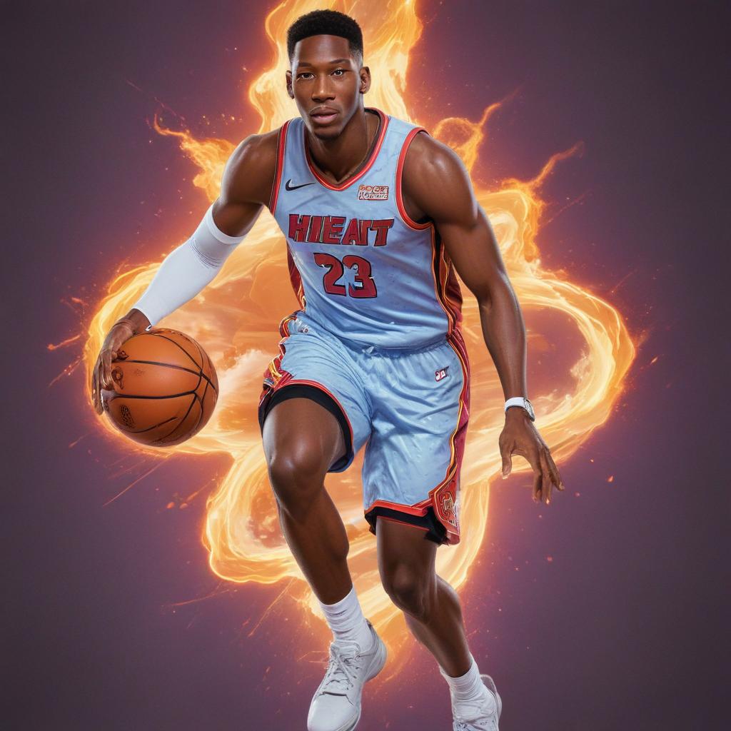 distance-shot, flashy, full-body, dynamic, holographic, animated cartoon poster of miami heat player bam adebayo in the style of dragon ball super