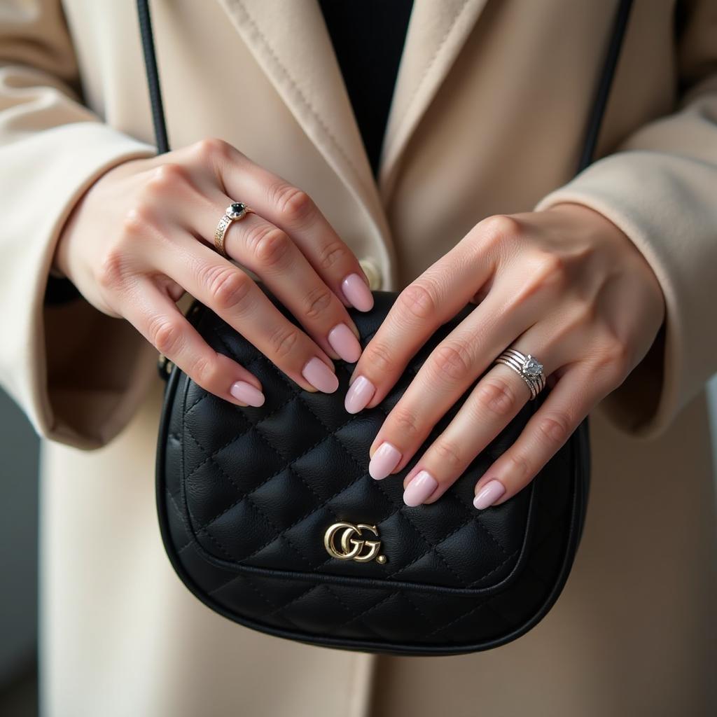  women's hands with beautiful nail polish and rings hold a small black bag