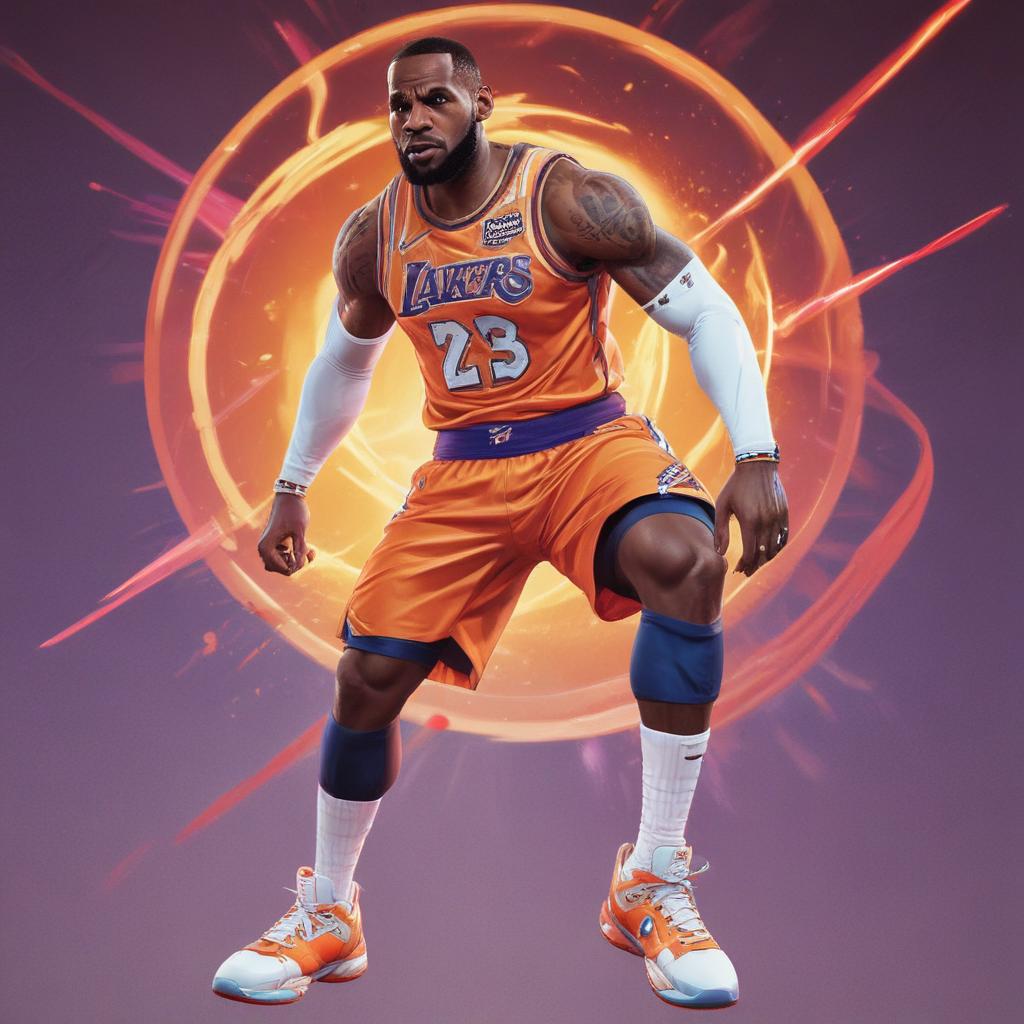 distance-shot, flashy, full-body, dynamic, holographic, animated cartoon poster of lebron james in the style of dragon ball super