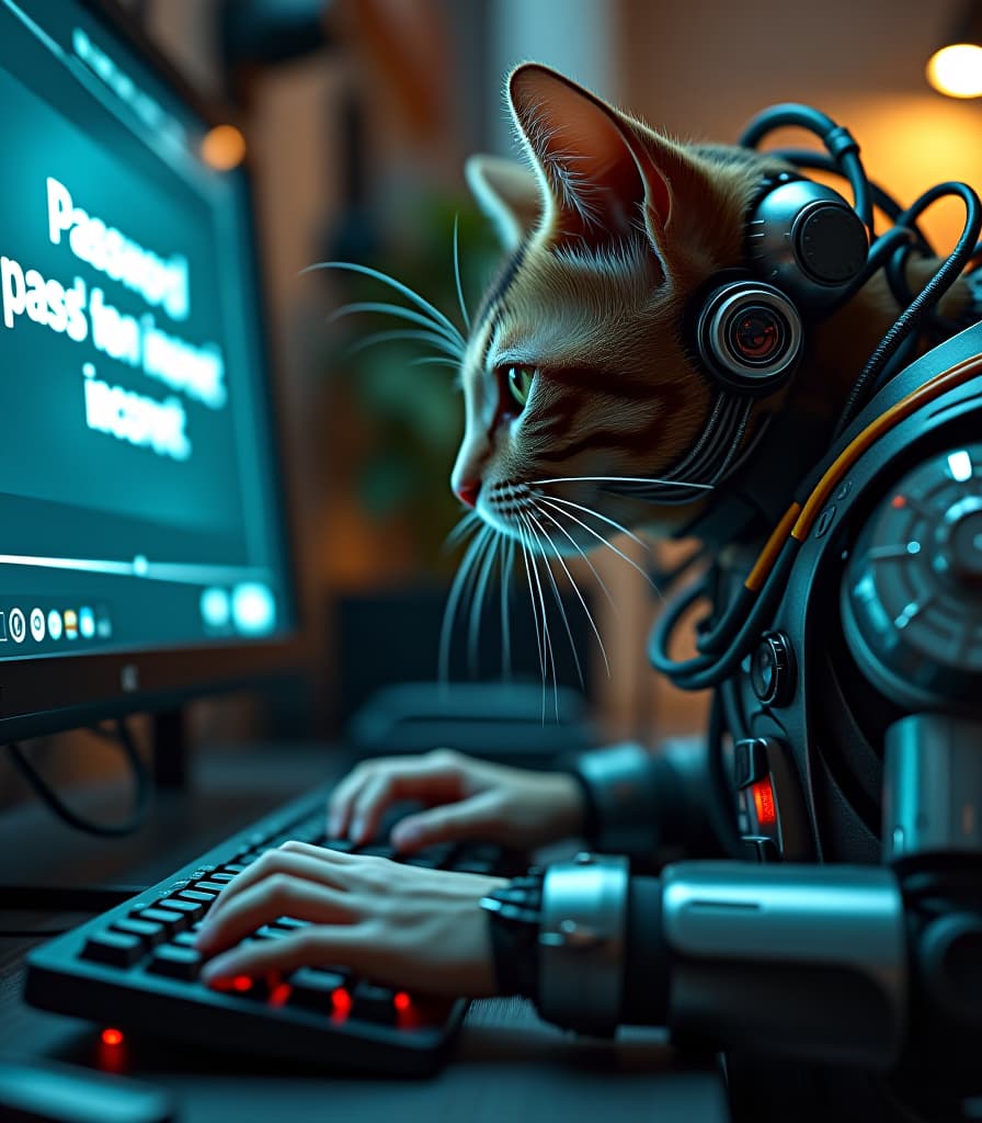  biomechanical cyberpunk a cyborg cat with numerous technical devices is typing on a computer keyboard, (large bold text "password is incorrect" on monitor screen:1.4), high detail, high resolution, detailed skin, detailed eyes, detailed wires and leds, detailed background, cinematic, (large depth of field:1.4), hyper realism, many small details, perfect composition and perspective. . cybernetics, human machine fusion, dystopian, organic meets artificial, dark, intricate, highly detailed hyperrealistic, full body, detailed clothing, highly detailed, cinematic lighting, stunningly beautiful, intricate, sharp focus, f/1. 8, 85mm, (centered image composition), (professionally color graded), ((bright soft diffused light)), volumetric fog, trending on instagram, trending on tumblr, HDR 4K, 8K