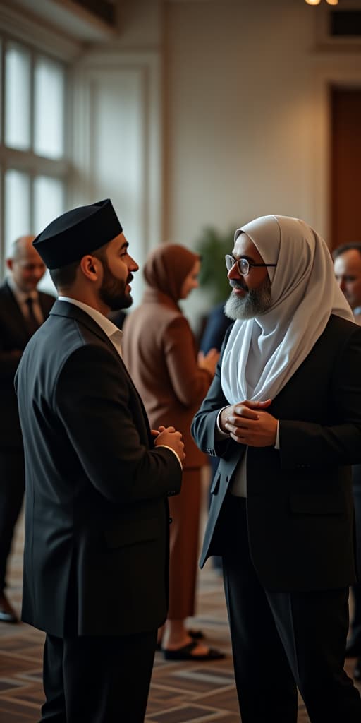  a group of professional muslim people talking to each other in a business event and asking each other questions and keeping their distance