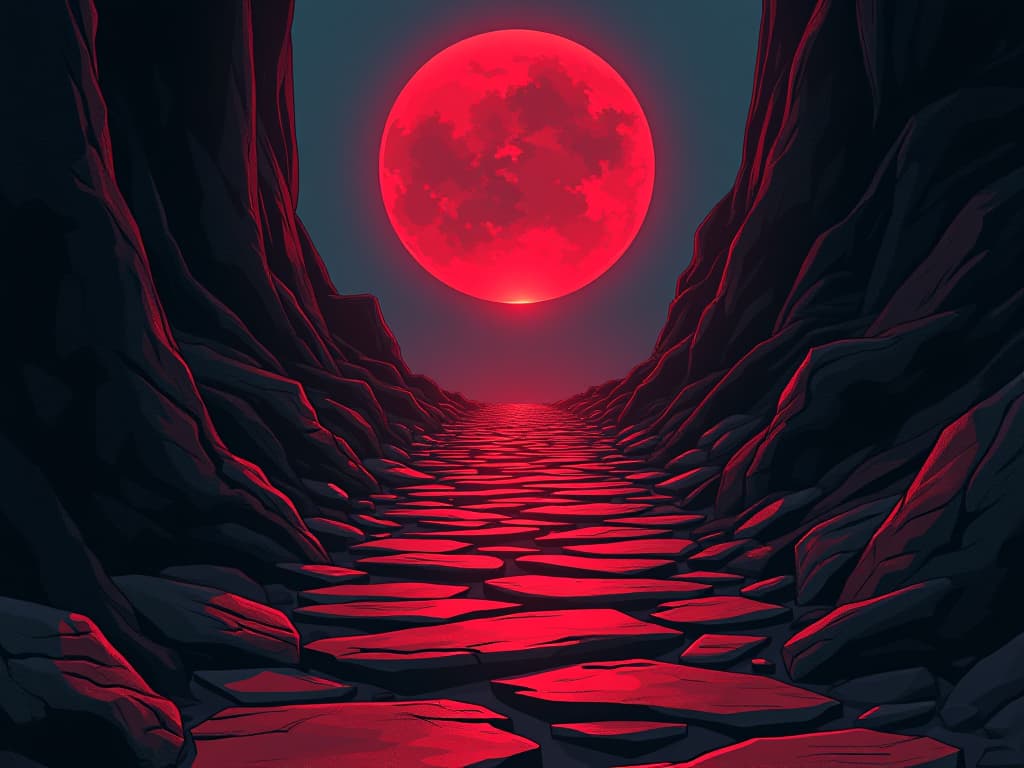  pathway lined with red stones, leading to a distant light, symbolic of challenging personal growth journey. the style is digital art illustration / modern comic book / graphic dark novel fantasy and mysterious occult, symbolic, moody lighting, esoteric vibe,high detail on character design. for the color scheme emphasize blacks and reds.