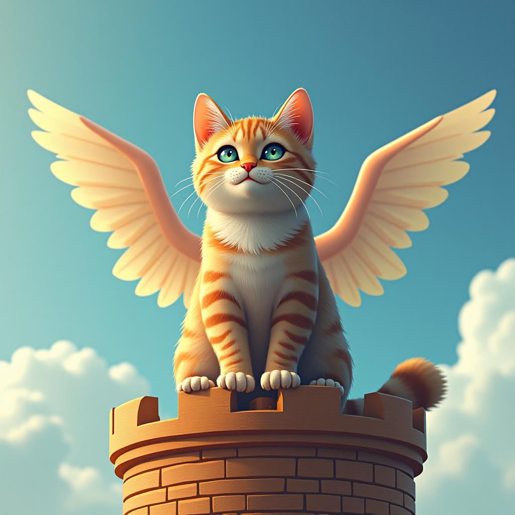  a little cat with wings is sitting on a tower.