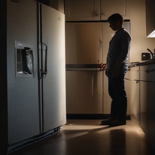 A photo of a skilled technician examining a damaged refrigerator in a dimly lit kitchen during the early evening with a single spotlight casting a dramatic shadow on the intricate appliance components.