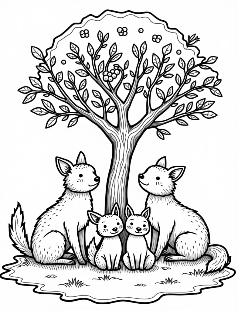  this is for an adult coloring page. a detailed black and white line art of a snowy woodland animals gathering around a tree decorated with berries on a solid white background.