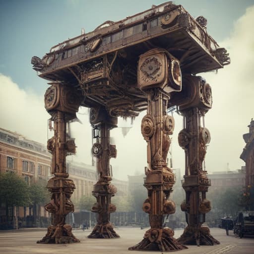 Generate steampunk walking hotel building many stories tall rectangle with large mechanical legs that lift it high off the ground