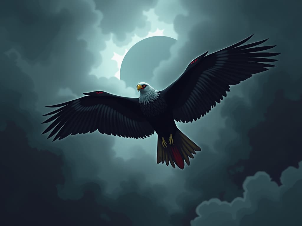  eagle soaring through stormy sky, red markings, symbol of transformation. the style is digital art illustration / modern comic book / graphic dark novel fantasy and mysterious occult, symbolic, moody lighting, esoteric vibe,high detail on character design. for the color scheme emphasize blacks and reds.